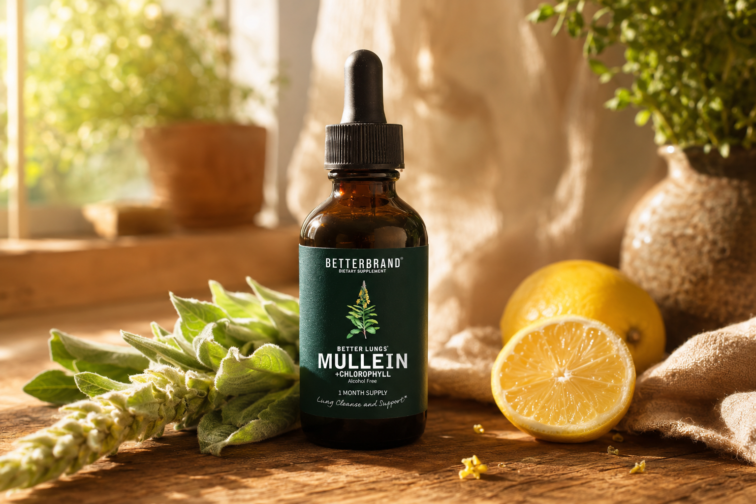 BetterLungs Mullein + Chlorophyll tincture in editorial morning kitchen scene
